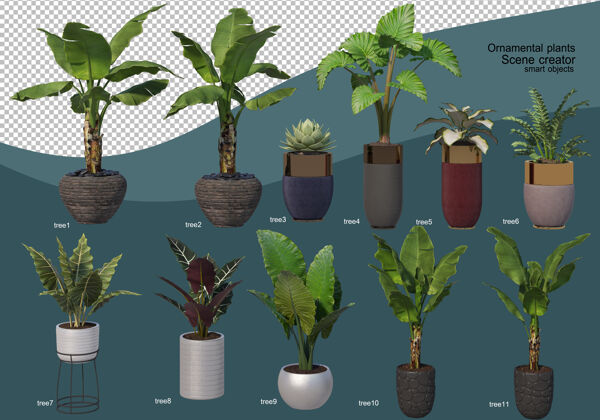 植物各种装饰布置的3d渲染自然花盆花盆