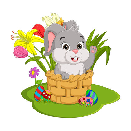 复活节复活节快乐可爱的复活节兔子坐在篮子里花卡通可爱
