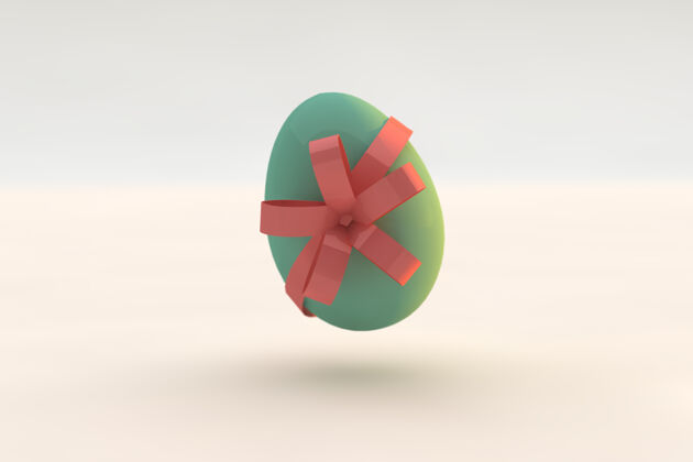 春天带粉红丝带的绿色复活节彩蛋3d渲染礼物创意鸡蛋
