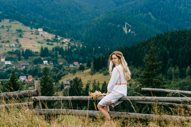 如画年轻迷人的金发女孩 穿着白色连衣裙 戴着饰物坐在木栅栏上 小穗花束点缀着风景如画的乡村风景金发装饰品坐着