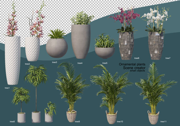 花园各种装饰布置的3d渲染室内装饰花卉