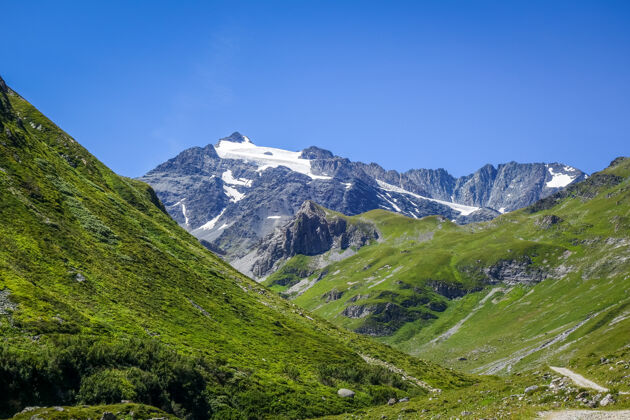 全景普拉洛格南的高山冰川和山脉景观瓦努瓦语.法语阿尔卑斯山路径欧洲美丽