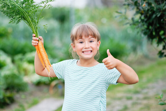 秋季小女孩在厨房里摘胡萝卜花园.秋天蔬菜收获循环杂货维生素