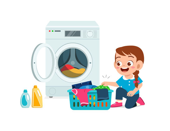 幼儿快乐可爱的孩子用洗衣机洗衣服脏家务女孩