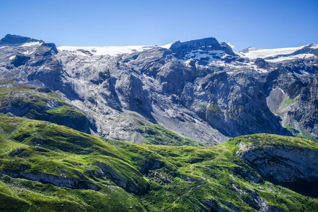 景观普拉洛格南的高山冰川和山脉景观瓦努瓦语.法语阿尔卑斯山山山峰蓝天
