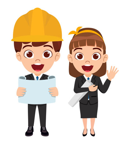 卡通快乐可爱聪明的男孩和女孩性格穿着建筑工程师套装 表情开朗男性女孩工业