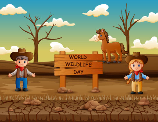 动物世界野生动物日标志与牛仔和牛仔女孩在旱地户外自然野生动物