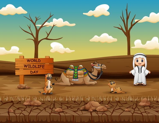 生态世界野生动物日标志与阿拉伯男孩和动物旱地野生动物卡通
