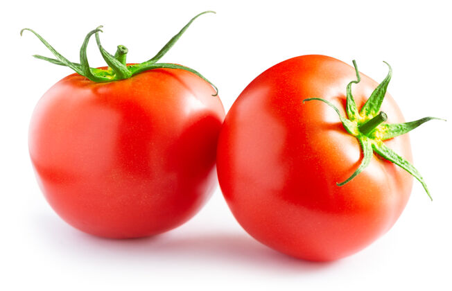 宏两个成熟的红色西红柿隔离在白色背景上蔬菜白色隔离配料
