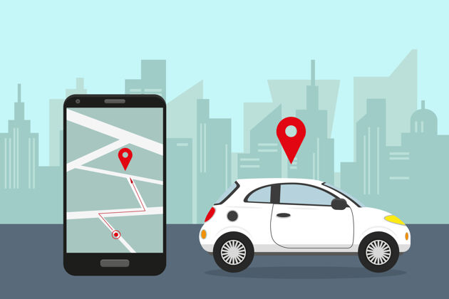 手机城市里的白色汽车和带有移动应用程序的智能手机应用程序共享车辆
