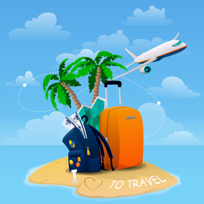 棕榈明亮的横幅与行李 飞机 岛屿 地图和机票旅行包岛屿