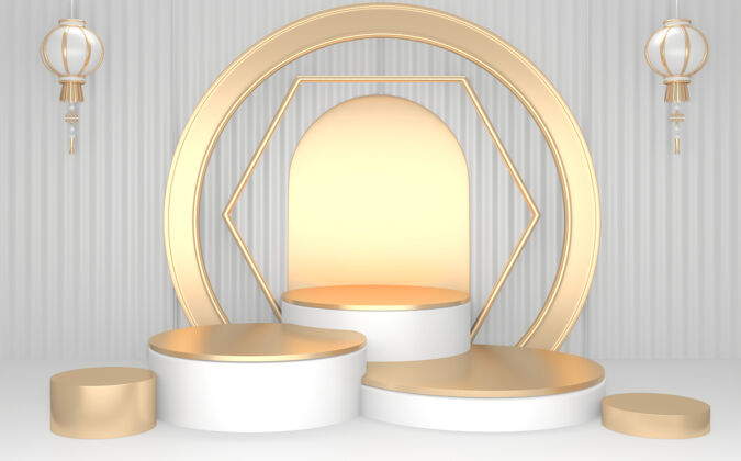 最小金色领奖台最小几何白色和金色抽象风格三维渲染黄金舞台室内