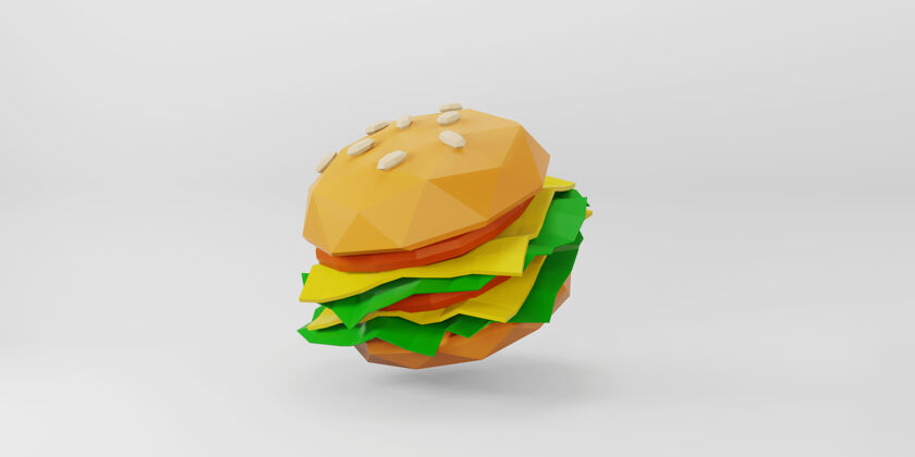 三维白色背景的低保利汉堡不健康渲染食品