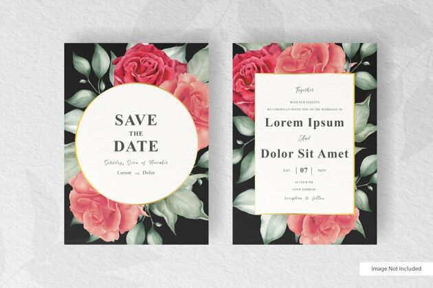 请柬水彩婚礼请柬模板与美丽的花卉和树叶婚礼请柬相框卡片