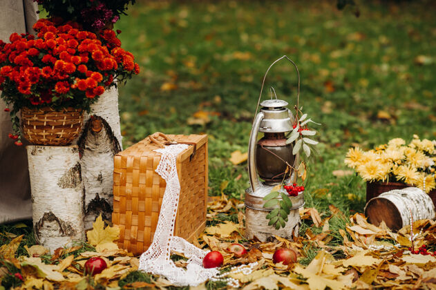婚礼秋天的婚礼在绿色的街道上举行草坪装饰鲜花拱形的仪式绿色秋季户外