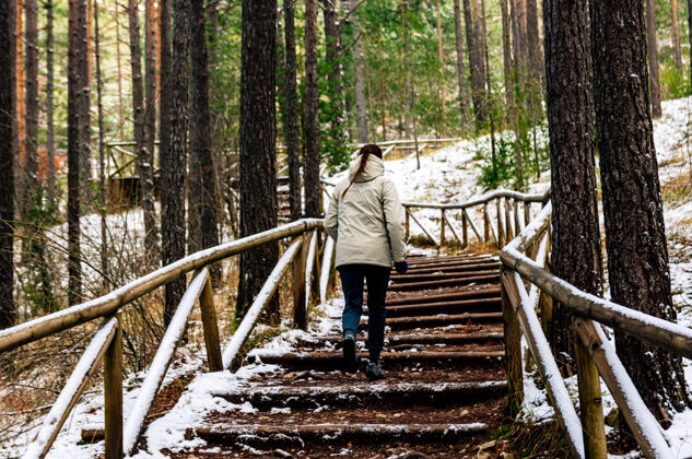 运动在雪地里爬木楼梯的女人步行木头运动员