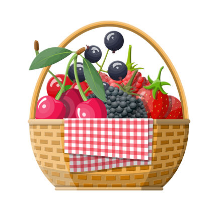 果汁柳条野餐篮与浆果插图柳条甜点运输