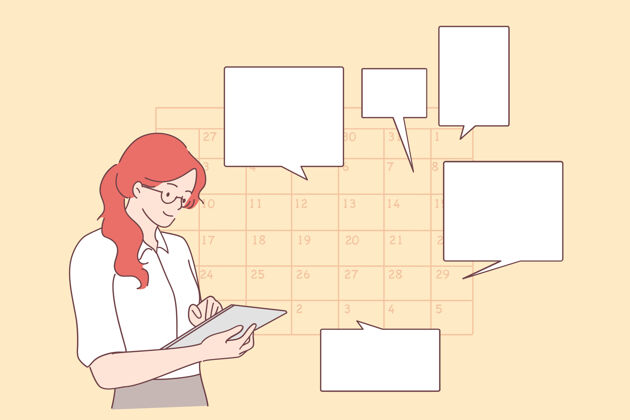 商务女性年轻积极的女商人计划在日历中安排约会 发送消息 添加事件 在平板电脑中放置提醒在线组织工作