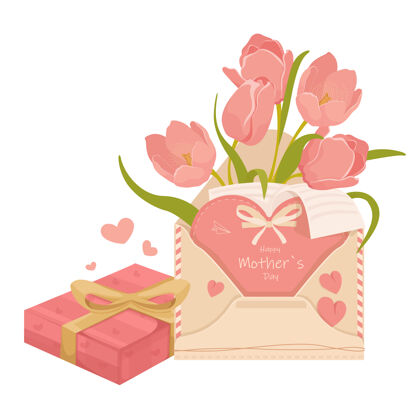 郁金香母亲节与信郁金香和巧克力盒 孤立的白色背景浪漫花园装饰
