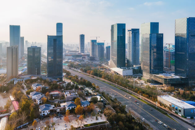 综合体中国济南现代城市建筑景观航拍玻璃城市空中