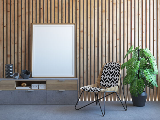 灯室内有木板墙 梳妆台 植物 椅子3d渲染插图明亮起居室接待处
