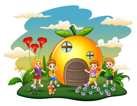 女孩橘色房子与学校的孩子卡通风格水果岛屿环境