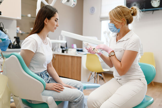 清洁女牙医和病人预约在诊所 口腔科牙齿卫生检查