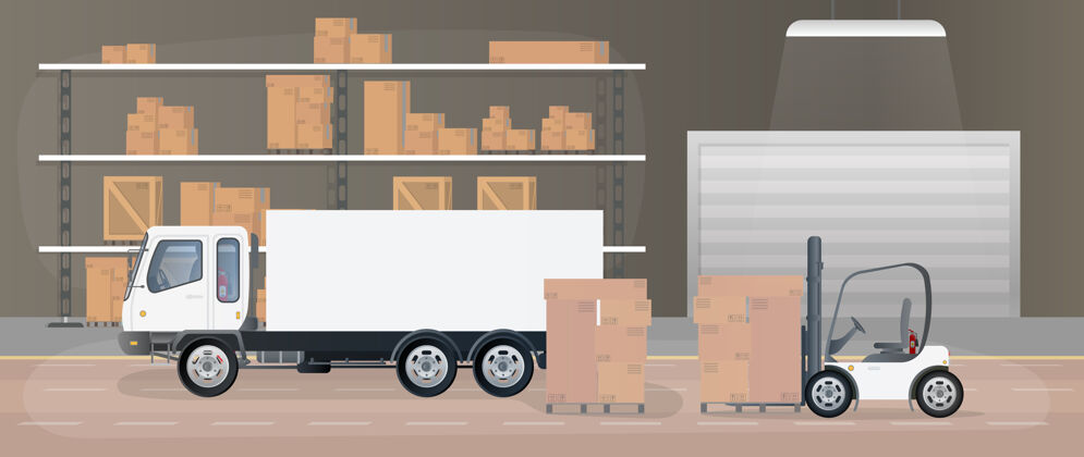 货运大型仓库抽屉架带抽屉和箱子.硬纸板箱子 卡车 生产仓库白色运输卡车