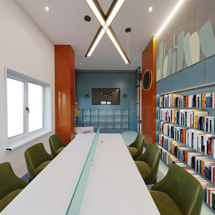 房子图书馆内部有书架 桌子和绿色椅子 3d渲染建筑家具豪华