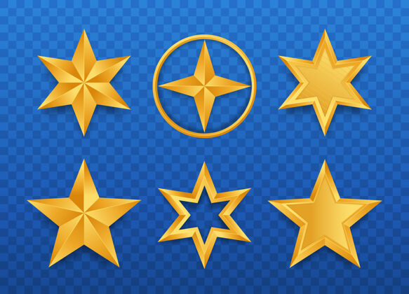 奖牌透明背景上的一组真实的金色星星评级质量设置