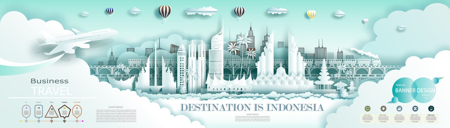 巴厘岛游览印尼顶级世界名城和故宫建筑与信息图表.tour雅加达标志性的亚洲与印尼国旗背景首都旅游旅游