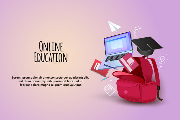 办公桌网上教育插图包电脑书和铅笔互联网应用程序教室