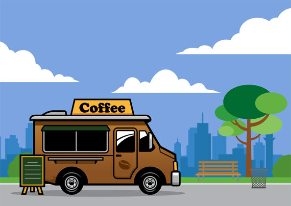 厨房在城市公园卖咖啡的食品车早餐公园道路
