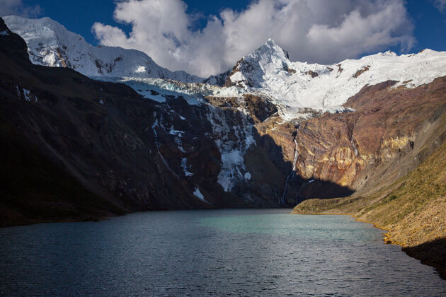 自然美丽的山脉风景在科迪勒拉华亚什 秘鲁 南美洲蓝色惊人冰川