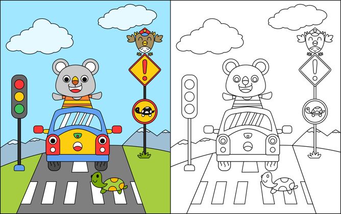 轮廓彩色书或彩色页卡通熊和汽车停在斑马线颜色汽车交通