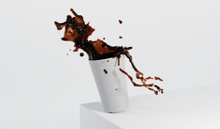 三维渲染用咖啡喷溅纸组成咖啡杯飞溅模型