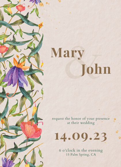 鮮花婚禮卡片模板與水彩孔雀和鮮花邊框保存日期請柬模板
