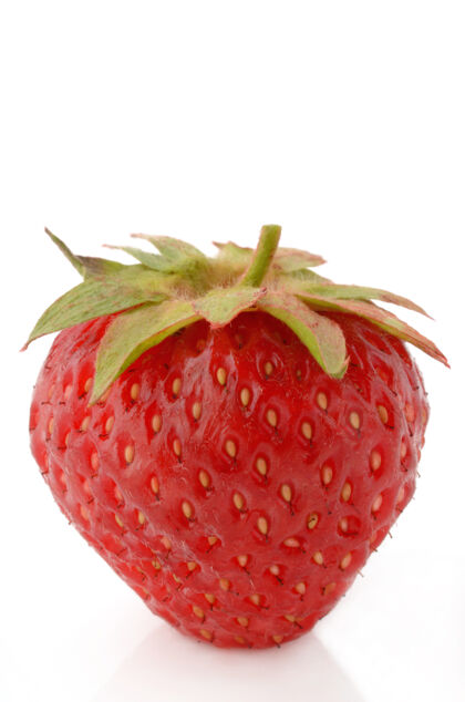 特写白色表面上的草莓明亮叶子草莓