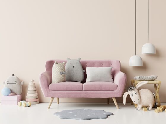 房间儿童房 白色空墙背景上有粉色沙发3d渲染家具木头沙发