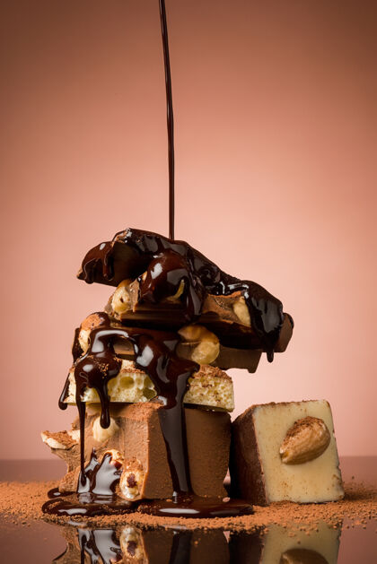 糖果在棕色工作室背景和热巧克力喷雾的衬托下 桌上堆满了碎巧克力美食巧克力榛子