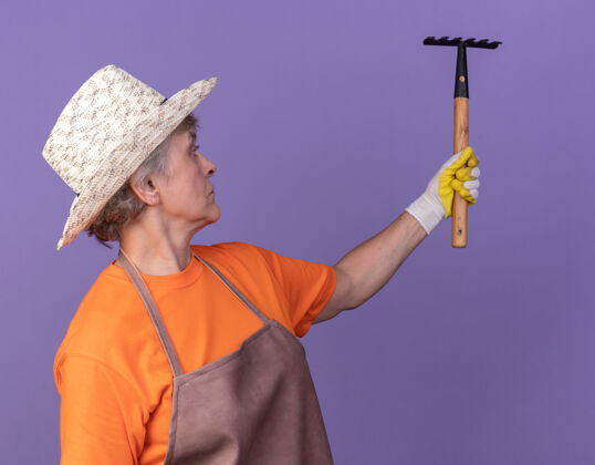 花园自信的上了年纪的女园丁戴着园艺帽和手套拿着耙子看着老人紫色自信