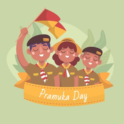 平面设计Pramuka日插图手绘庆祝童子军