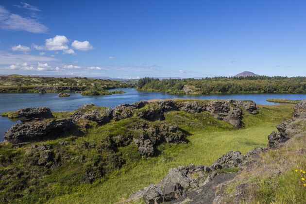 天空美丽的米瓦顿公园及其湖泊 冰岛风景湖泊北方