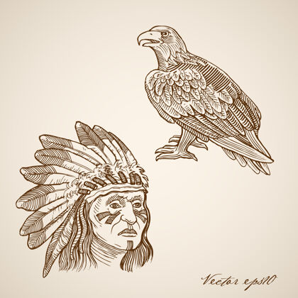 旧雕刻古董手绘印第安人和鹰头领袖线工时间