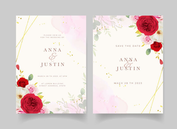 风格水彩粉白玫瑰的婚礼请柬花卉画框绽放