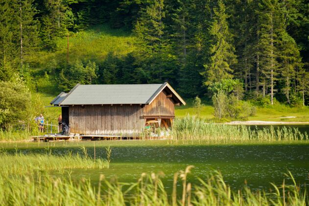 美丽绿树丛中 湖边小木屋的美丽镜头自然房子旅游
