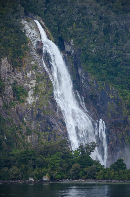 平滑新西兰米尔福德湾瀑布的垂直拍摄背景垂直自然
