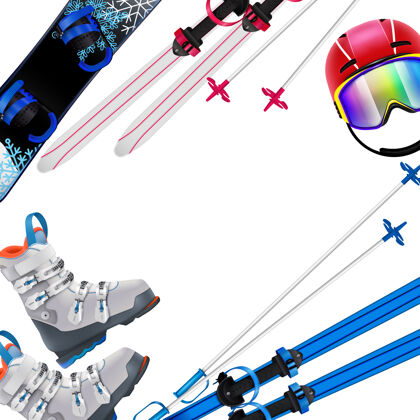 运动冬季运动设备与滑雪板滑雪头盔白色背景靴子现实框架头盔冬季滑雪