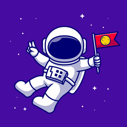 宇航员航天员在太空中举旗卡通图标插图科技太空图标孤立平面卡通风格平面设计太空和平姿态