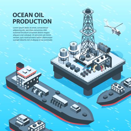 石油等距石油工业与离岸石油生产户外景观等轴测生产视图